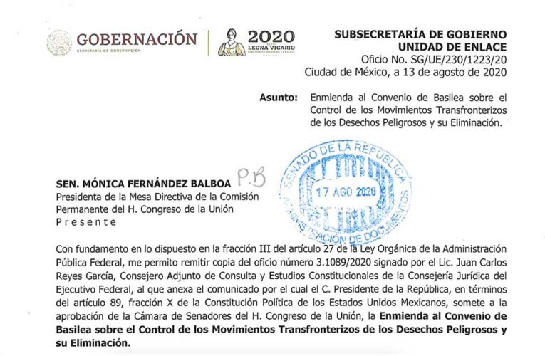 Comunicado de la Presidencia de la República al Senado para la Aprobación de la Enmienda de Prohibición del Convenio de Basilea. 12 de agosto 2020.